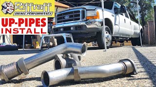 2001 F350 73  RiffRaff UpPipes Install  Stock up pipes leaking and falling apart JUNK SP [upl. by Yttiy]