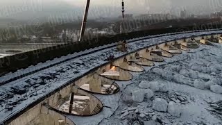 Dramatic video shows Russia stadium collapse with worker on roof [upl. by Oretos]